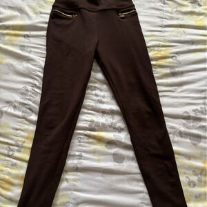 Brown Leggings with Gold Zipper Accents